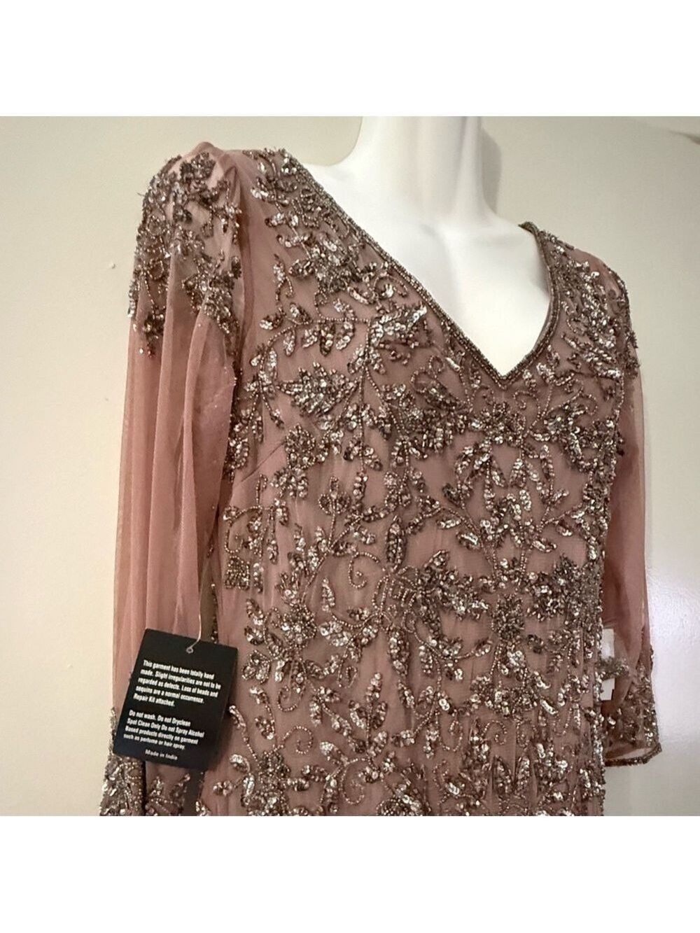 Pisarro Nights Beaded V-Neck Maxi Dress Size 8 | Rose Taupe Formal Gown - Picture 3 of 14